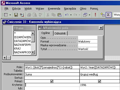 Format walutowy i nazwa Wartość pola zliczającego uczynią kwerendę bardziej zrozumiałą. Jak to zrobić? TDane - ćwiczenie 34. Utwórz kwerendę w widoku projektu dla tabeli TDane.