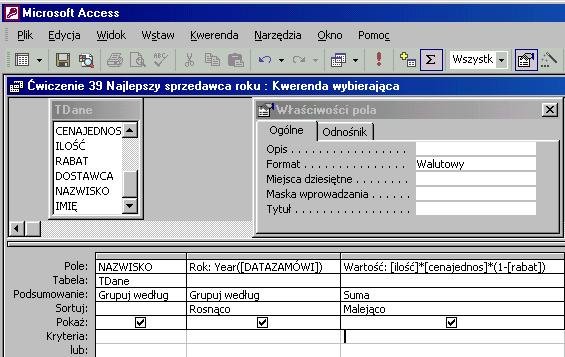 Jak to zrobić? TDane - ćwiczenie 39. Zadanie to należy wykonywać w 2 etapach. Utworzyć kwerendę tworzącą tabelę z nazwiskami sprzedawców i ich rocznymi obrotami.