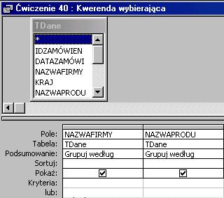 Utwórz kwerendę w widoku projektu dla tabeli TDane.