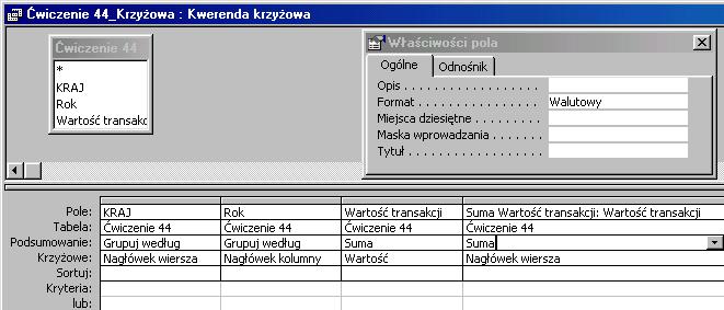 Sortowanie i grupowanie dla pola KRAJ, nagłówek grupy - Tak.