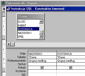 W widoku projektu raportu sortuj i grupuj dane dla pola NAZWISKO, Nagłówek grupy - Tak (równie dobrze można wybrać Stopkę grupy).