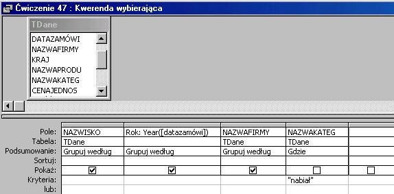 Jak to zrobić? TDane - ćwiczenie 47. Sposób pierwszy - kwerenda z "kwerendy". Utwórz kwerendę w widoku projektu dla tabeli TDane.