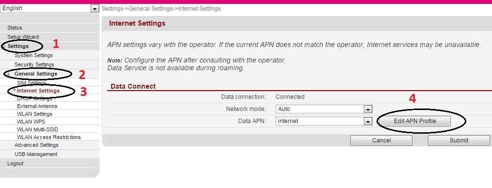 4 Dodanie apnu dla modelu B539s-12 ( en ) Klikamy po zalogowaniu na router Settings =>
