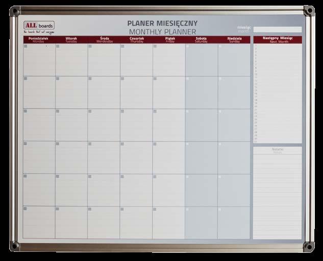 PLANERY PL75T 70x50 cm Planer tygodniowy / miesięczny stanowi tablica suchościeralna.