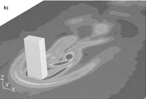 Rys. 7. Oscylacje ciśnienia oraz jego widmo częstotliwościowe na grzebieniu 3xx dla takiego ustawienia budynku, że przekątna przekroju poprzecznego jest równoległa do kierunku wiatru 2.