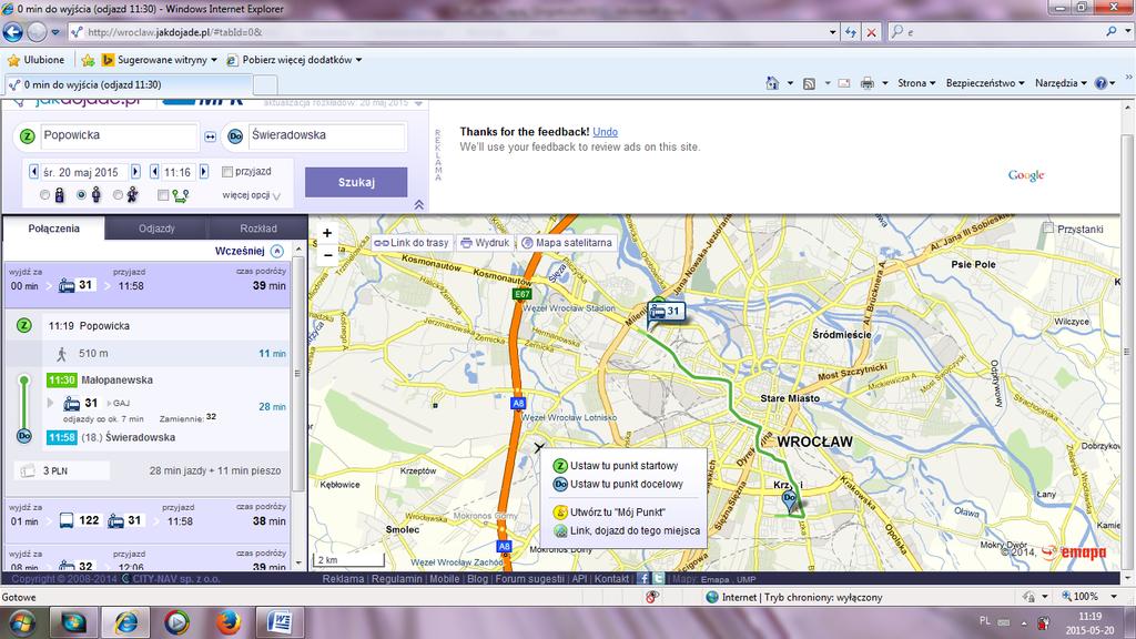 Rys.2. System nawigacji miejskiej we Wrocławiu dedykowany dla pasażerów komunikacji miejskiej. Źródło: www.wroclaw.jakdojade.