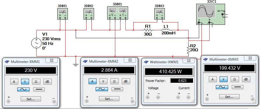 3. Symulacja pomiarów obwodu prądu sinusoidalnego - obwód inducyjny W programie Multisim uład pomiarowy należy zestawić zgodnie ze schematem ja na rysunu 7 V W