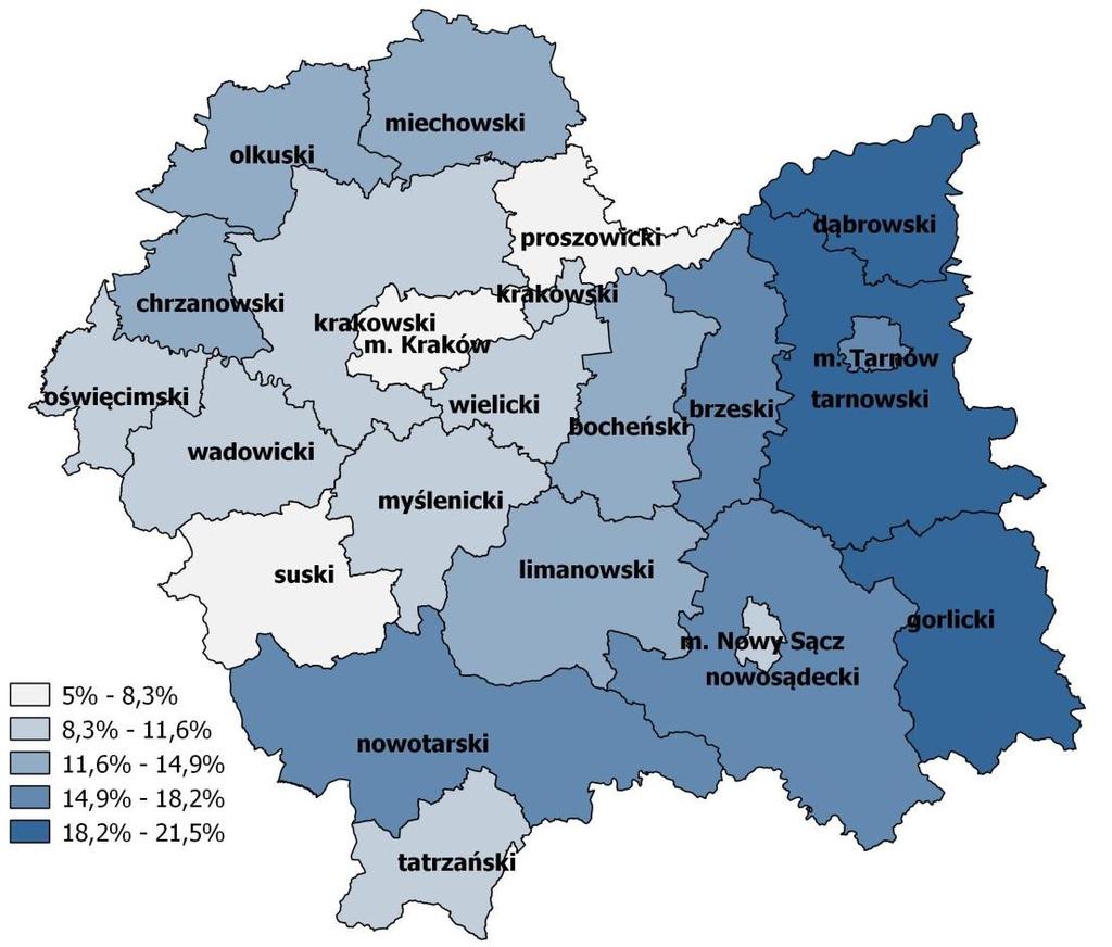 (Krakowa oraz miast Śląska), które stanowią centra zatrudnienia i edukacji, a ich bliskość geograficzna może bezpośrednio decydować o dostępności pracy i nauki dla młodzieży.