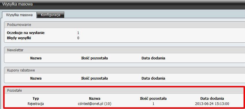 W przypadku dalszego niepowodzenia wysyłki maila aktywacyjnego pojawią się odpowiednie wpisy w sekcji Błędy