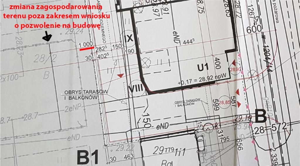 na budowę. Inwestycją objęta jest działka nr ew. 28/1 a zatem projektant nie może zmieniać zagospodarowania terenu działki sąsiedniej tj. działki 28/2. Rysunek 3.