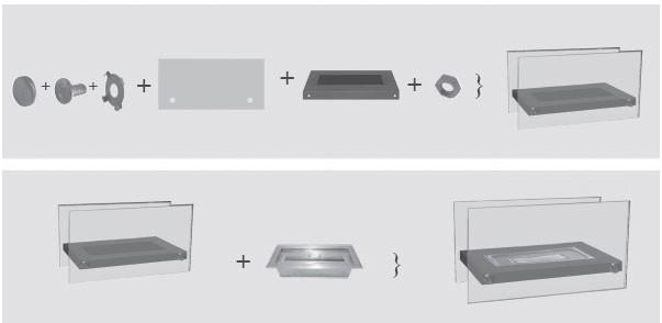 Zawartość zestawu: Biokominek Elementy montażowe Instrukcja obsługi. Montaż 1. Najpierw należy przymocować płyty szklane, za pomocą śrub, do dolnej płyty. 2.