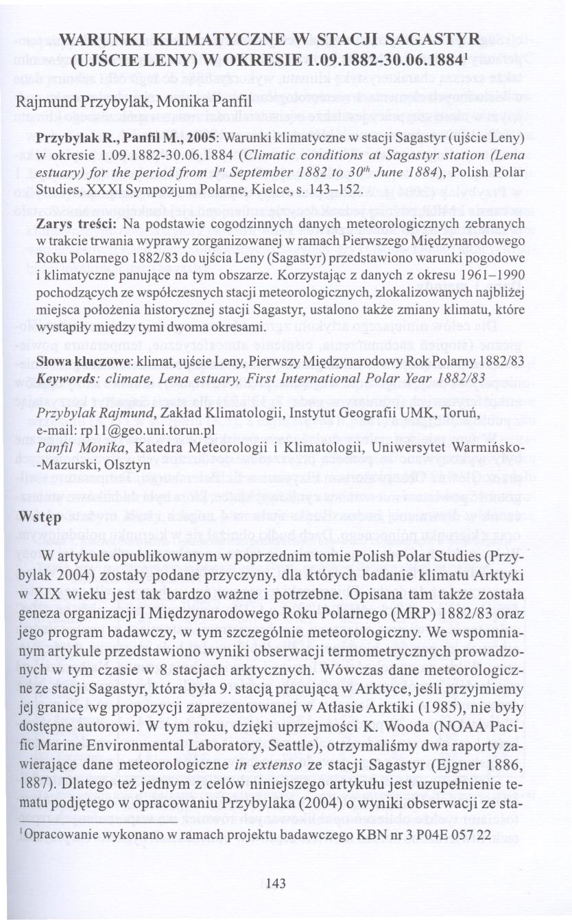 WARUNKI KLIMATYCZNE W STACJI SAGASTYR (UJSCIE LENY) W OKRESIE 1.09.1882-30.06.18841 Rajmund Przybylak,Monika Panfil Przybylak R., Panfil M.