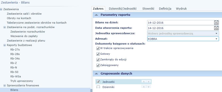 Zestawienia sporządzanie bilansu i zestawień 4. W sekcji Parametry raportu w polach Bilans na dzień:, Data utworzenia raportu: wpisać daty lub kliknąć przycisk i skorzystać z kalendarza. Rysunek 90.