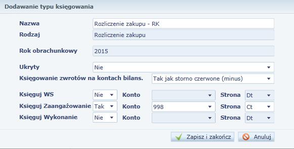 Administracja stanie wybrana opcja Tak, nie będzie możliwości używania danego typu księgowań, pozostanie on niewidoczny dla użytkownika.