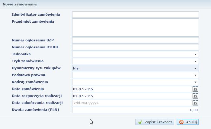 Administracja Rysunek 27. Rejestracja nowego zamówienia dla danej jednostki. Pole Identyfikator zamówienia służy do opisania unikalnego dla jednostki identyfikatora, np.