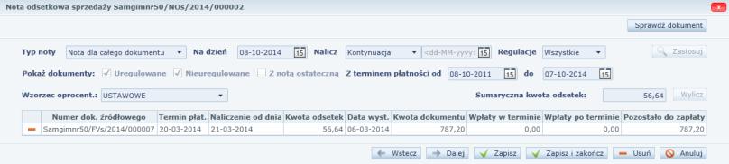Zakładka Noty odsetkowe dane ogólne Edycja pól innych niż Status i Znacznik obiegu jest możliwa tylko dla noty odsetkowej, która jest ostatnią notą (względem daty Naliczenie na dzień) dla faktur na