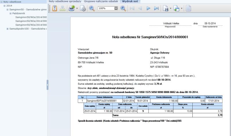 Pojawi się zakładka Wydruk not na której generują się wydruki wszystkich not odsetkowych posortowane po jednostce i kontrahencie. Rysunek 60.