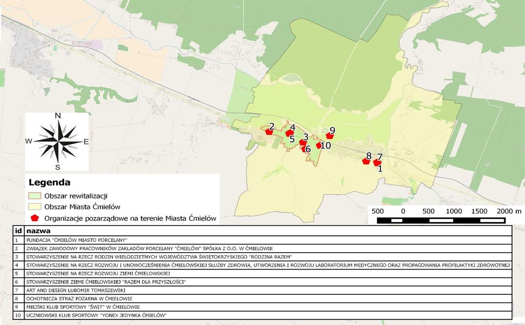 Mapa 3 Rozmieszczenie organizacji pozarządowych w granicach wyznaczonego obszaru rewitalizacji i na terenie Miasta Ćmielów w 2016 r.