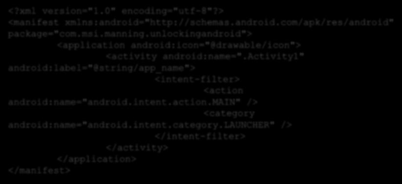Budowa pliku AndroidManifest.xml <?xml version="1.0" encoding="utf-8"?> <manifest xmlns:android="http://schemas.android.com/apk/res/android" package="com.msi.manning.