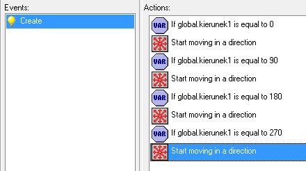 Następnie dodaj akcję testowania zmiennej globalnej dla pozostałych kierunków. Jeśli global.kierunek1=90, to trzeba będzie posłać pocisk w górę z prędkością 4.