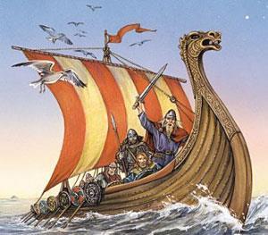 Wyprawy wikińskie (vikingferdene) Wikingowie byli wytrawnymi żeglarzami. Umieli oni budować wytrzymałe, szybkie statki (skip), które mogły poruszać się z dużym ładunkiem na wysokich falach.