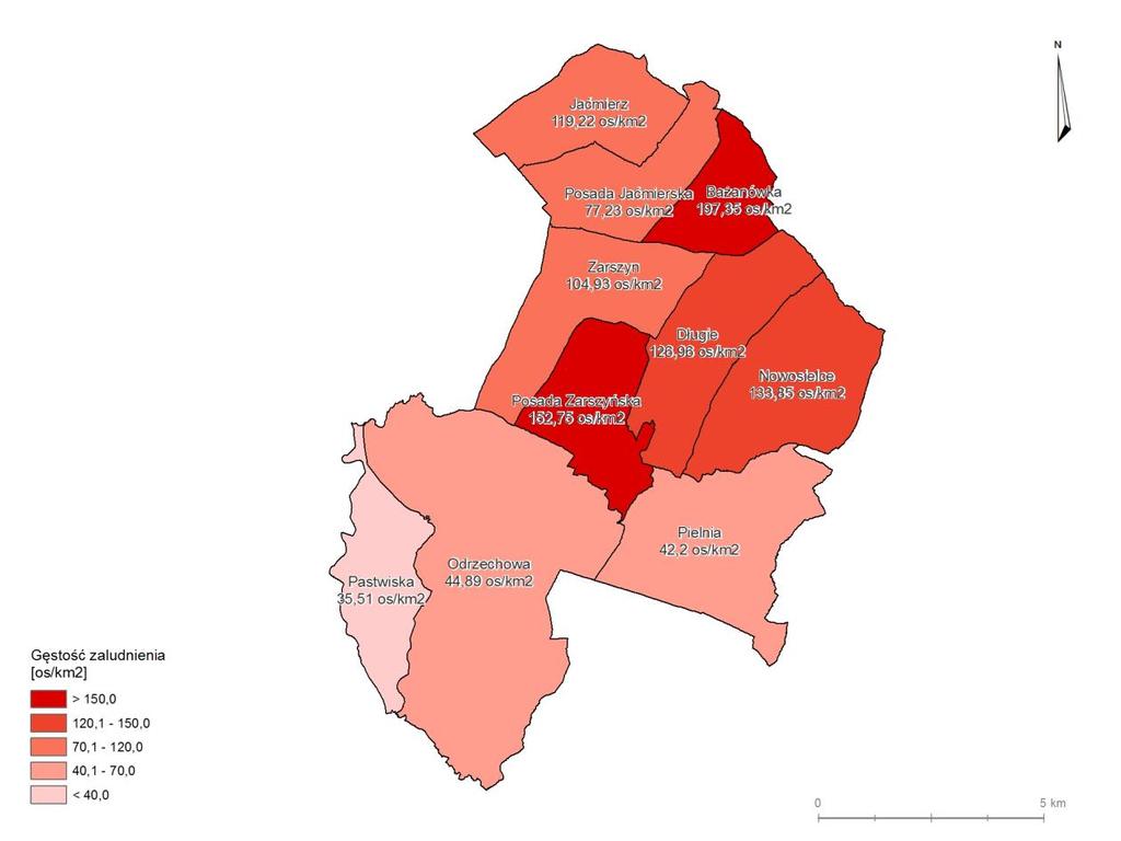 Mapa nr 1 Gęstość zaludnienia w jednostkach urbanistycznych Gminy Zarszyn Źródło danych: Opracowanie własne 3.2.