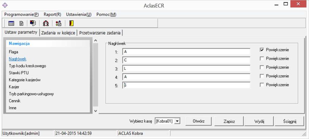 Parametry Flagi kasy ACLAS Kos ograniczone są do: DRUKUJ DANE PLU PO ŚCIĄGNIĘCIU (W TYBIE NIEFISKALNYM). 4.4.2.