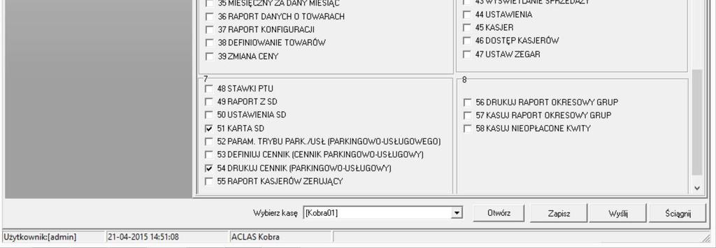 Parametry Kategorie kasjerów dla kasy Kos są ograniczone i nie obejmują ustawień dla karty SD, raportu okresowego grup oraz kasowania nieopłaconych kwitów. 4.4.6.