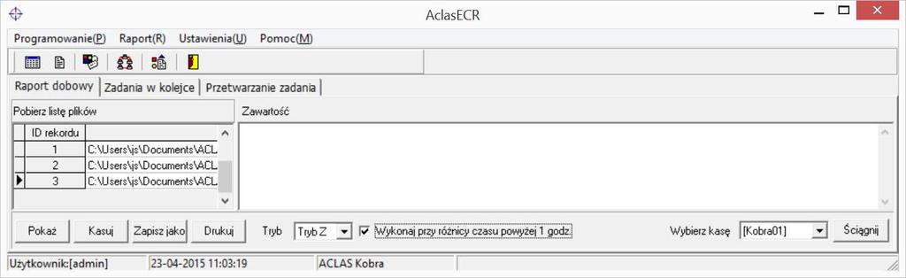 Aby z komputera można wykonać ten raport kasa musi być podłączona do komputera i skomunikowana z programem AclasECR.