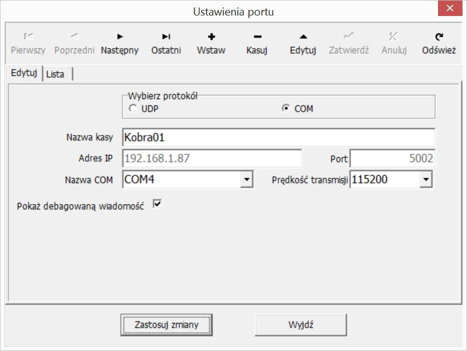 Następnie w zakładce Edytuj zmieniamy lub wprowadzamy parametry komunikacyjne portów oraz wprowadzamy nazwę (jeżeli dodajemy nową kasę).
