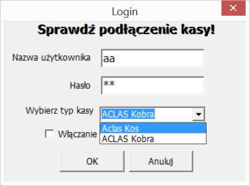 Kasjer KIEROWNIK lub inny użytkownik Służy do ustawienia użytkowników programu AclasECR, Domyślne ustawione są dwa profile użytkowników: admin i aa (użytkownik).