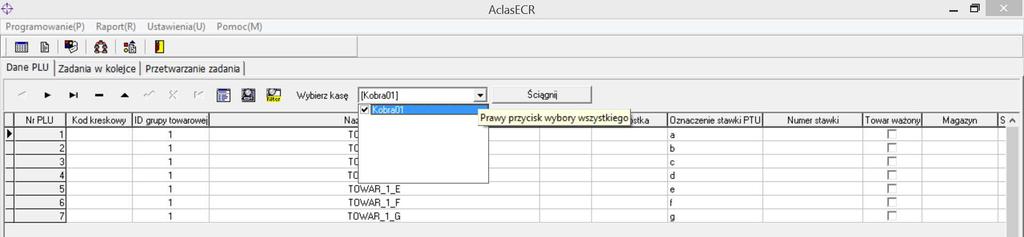 Przy wgraniu bazy, która nie ma wystarczającej dla obecnej edycji ilości PLU, należy przejść do ostatniej istniejącej linii PLU i nacisnąć klawisz strzałka w dół na klawiaturze PC.