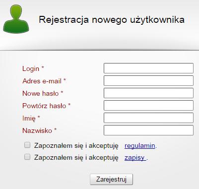 podczas rejestracji Użytkownik podaje login, hasło i e-mail, na który wysyłany jest link potwierdzający i kończący rejestrację w systemie (informacje te zgodnie z polityką bezpieczeństwa obowiązującą