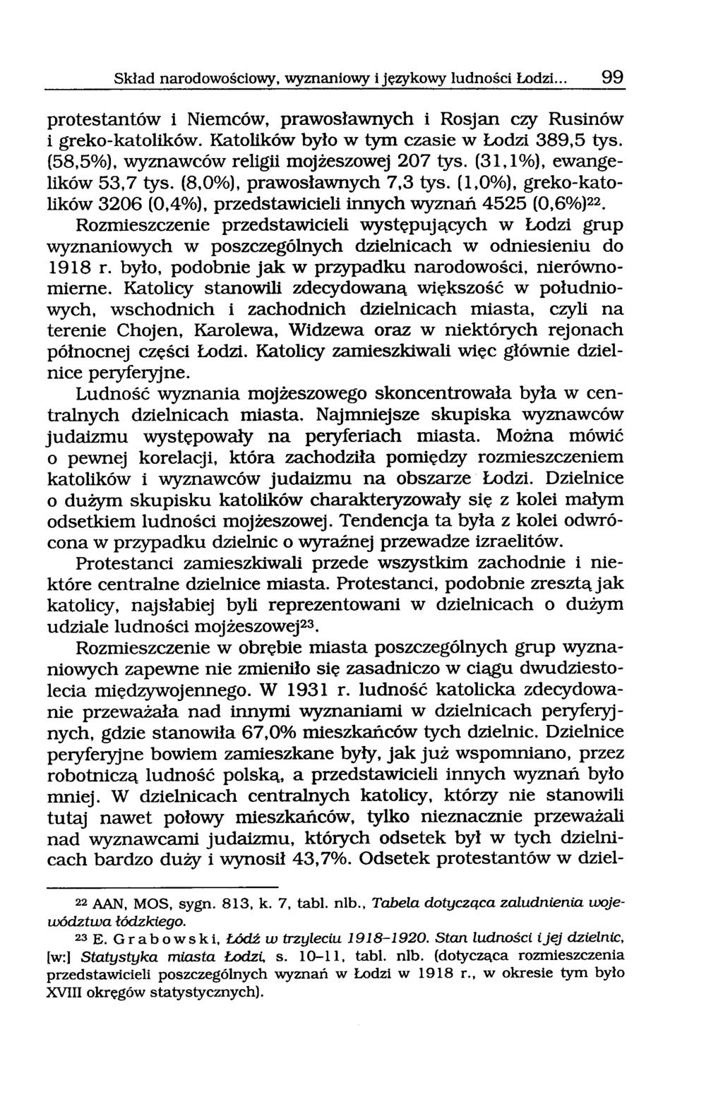 Skład narodowościowy, wyznaniowy i językowy ludności Lodzi... 99 protestantów i Niemców, prawosławnych i Rosjan czy Rusinów i greko-katolików. Katolików było w tym czasie w Łodzi 389,5 tys.