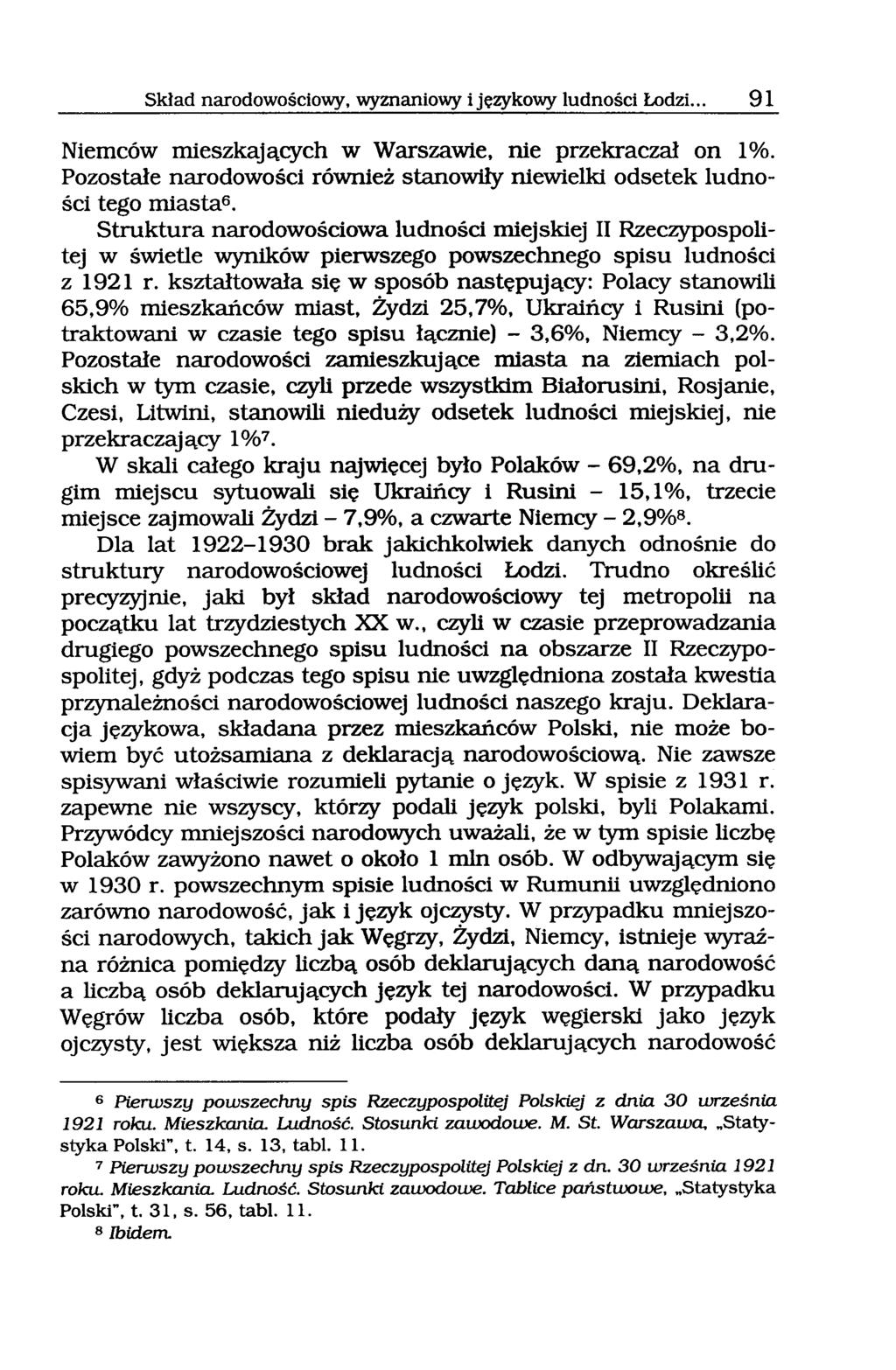 Skład narodowościowy, wyznaniowy i językowy ludności Łodzi... 91 Niemców mieszkających w Warszawie, nie przekraczał on 1%.