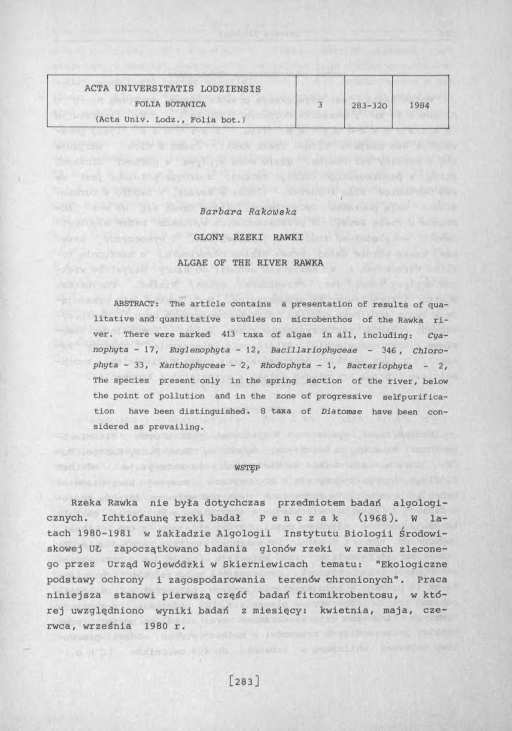 ACTA UNIERSITATIS LODZIENSIS FOLIA BOTANICA 3 283-320 1984 (Acta Univ. Lodz., Folia bot.