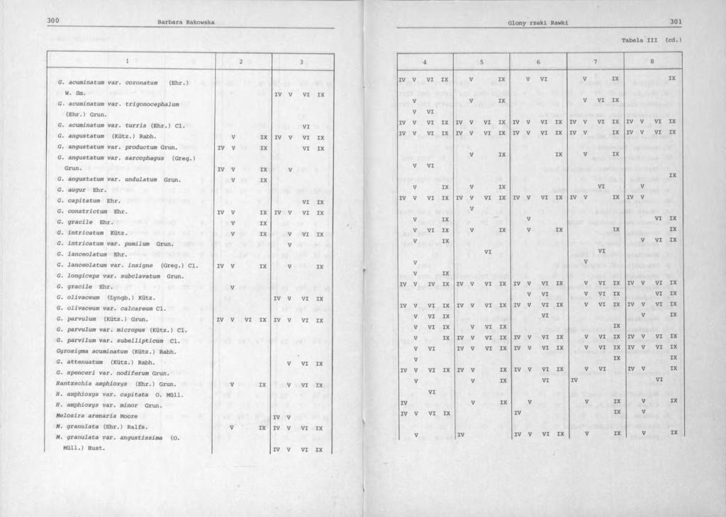 Tabela III (od.) 1 2 3 G. acuminatum var. coronatum (Ehr.) W. Sm. I I G. acuminatum var. trlgonocephalum (Ehr.) Grun. G. acuminatum var. turrls (Ehr.) CI. I G. angustatum (Kütz.) Rabh. I I G. angustatum var.