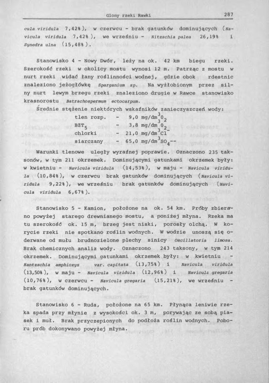 cula vlrldula 7,42%), w czerwcu - brak gatunków dominujących (Navícula viridula 7,42% ), we wrześniu - Nitzschia palea 26,19% i Synedra ulna (15,48%). Stanowisko 4 - Nowy Dwór, leży na ok.