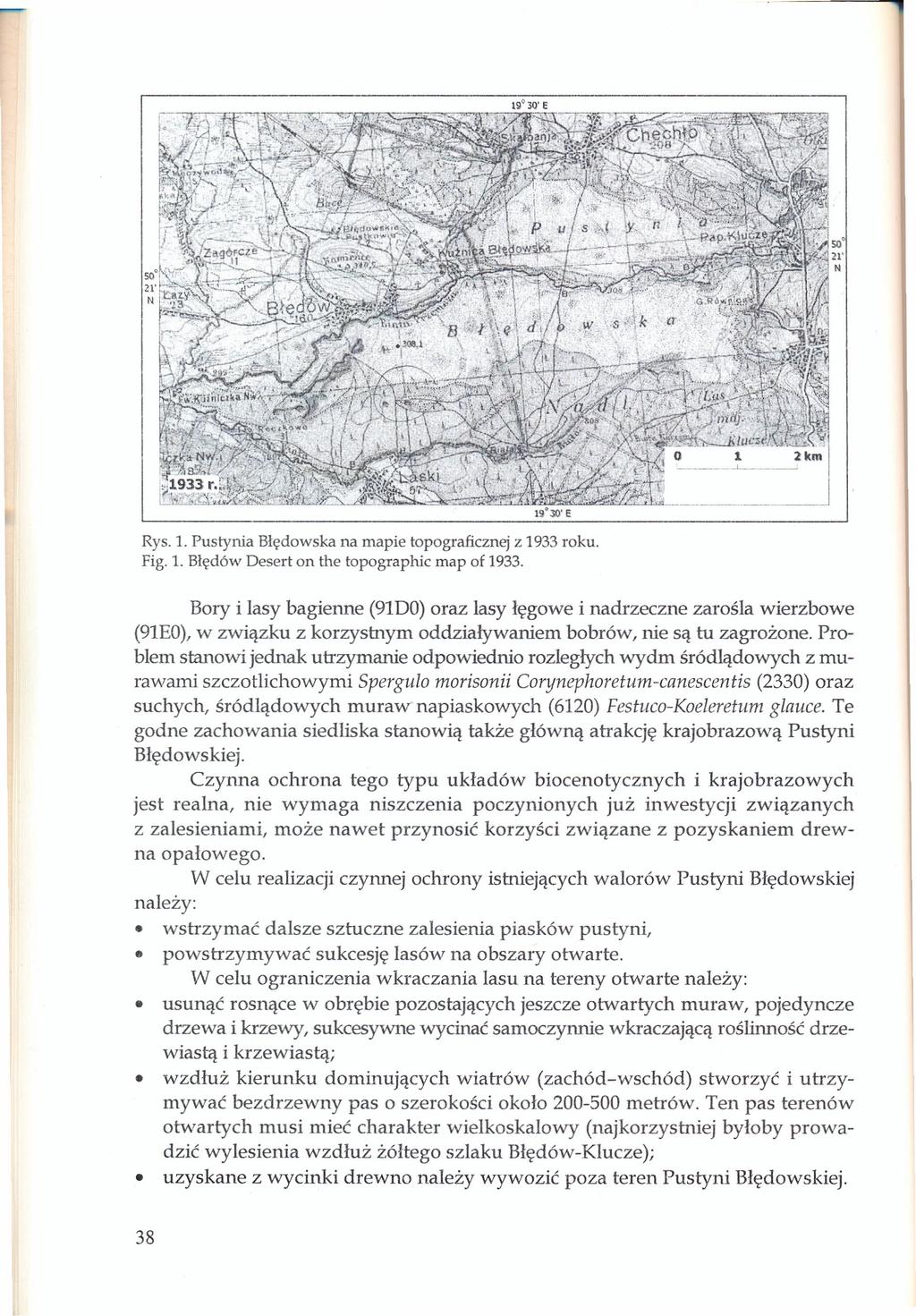 Rys. 1. Pustynia Błędówska na mapie topograficznej z 1933 roku. Fig. 1. Błędów Desert on the topographic map of 1933.