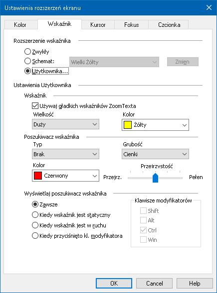 Rozdział 5 Funkcje powiększania 113 Zakładka Wskaźnik Ustawienie Rozszerzenie wskaźnika Zwykły Schemat Użytkownika Opis Wyłącza wszystkie rozszerzenia wskaźnika.