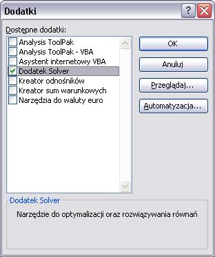 Kliknąć OK Jeżeli pakiet Solver nie był instalowany razem z EXCELem, to zostanie automatycznie doinstalowany (należy