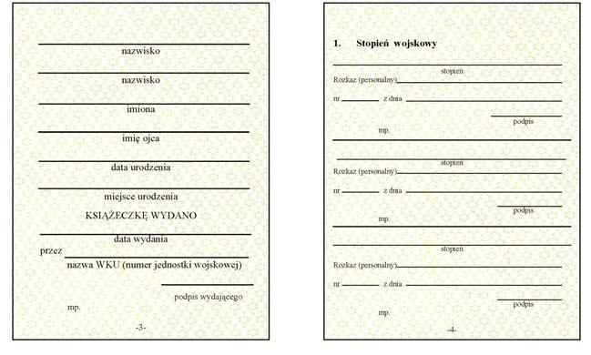 Na pierwszej stronie okładki (zewnętrznej) tłoczone folią srebrną godło państwa oraz napisy SIŁY ZBROJNE RZECZYPOSPOLITEJ POLSKIEJ i KSIĄŻECZKA WOJSKOWA.