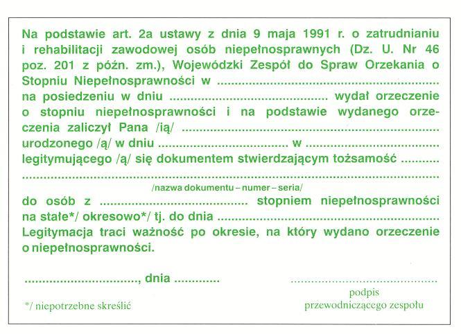 Wzór nr 23 LEGITYMACJA OSOBY NIEPEŁNOSPRAWNEJ Legitymacje wydane