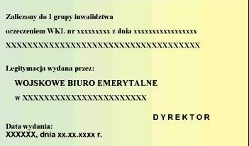 Wzór nr 33 LEGITYMACJA EMERYTA RENCISTY WOJSKOWEGO Legitymacja pozioma, o wymiarach 55 mm x 85 mm, koloru zielono-żółteo cieniowanego, materiał karton, dwustronnie foliowana.