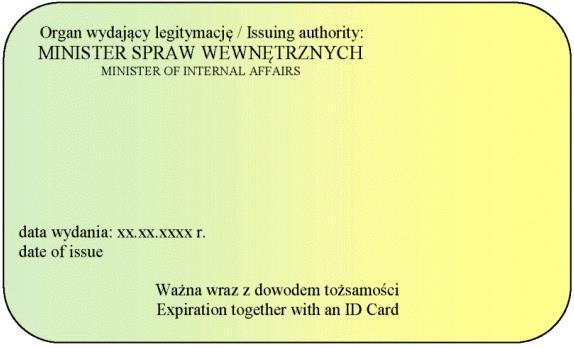 Napisy w kolorze czarnym: 1) po prawej stronie wizerunku orła: "RZECZPOSPOLITA POLSKA", poniżej "THE REPUBLIC OF POLAND", poniżej "MINISTERSTWO SPRAW WEWNĘTRZNYCH", poniżej "MINISTRY OF INTERNAL