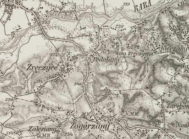 13 Mapa 1. Okolica Woli Zręczyckiej na austriackiej mapie wg stanu z roku 1906. Mapa 1a. Fragment w/w mapy z okolicą dworu, wg stanu z roku 1906.