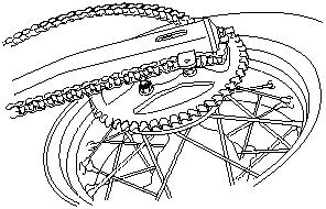 2. odkręcić dwie śruby i zdjąć osłonę łańcucha 3. odkręcić nakrętkę regulacyjną hamulca tylnego i po wyjęciu zawleczki zdemontować pręt hamulca 4. poluzować oś tylnego koła 5.