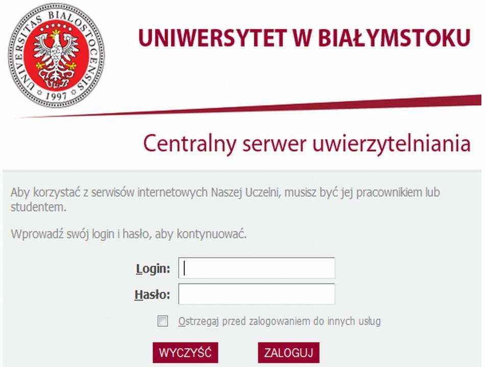 otwiera się strona: Witaj w systemie USOSweb Uniwersytetu w Białymstoku, której górną część przedstawia poniższy