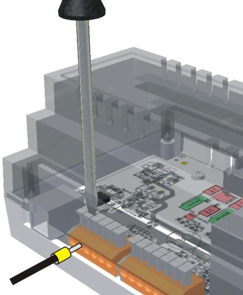 6 mm mogą wypadać ze złącza. Rys. 6.6 Instalacja modułu wykonawczego Przed umieszczeniem modułu na szynie należy podnieść do góry zaczepy za pomocą śrubokręta.