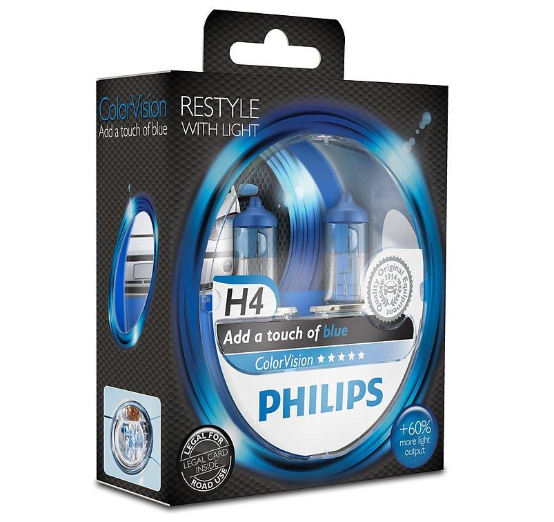 2017-09-10 PHILIPS H4 12V 60/55W P43t-38 ColorVision Blue Niebieska żarówka H4 ColorVision Blue marki Philips. Zmień oblicze swojego samochodu wymieniając oświetlenie.